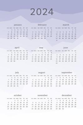 Vertical lavender calendar for 2024 year. Mountains silhouettes abstract gradient colorful background. Calendar design for print and digital. Week starts on Sunday