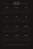 Calendario 2022 para cuaderno diario de planificador personal, dorado sobre negro de estilo lujoso. formato de retrato vertical. la semana comienza el domingo vector