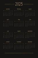 Calendario 2025 para cuaderno diario de planificador personal, dorado sobre negro de estilo lujoso. formato de retrato vertical. la semana comienza el domingo vector