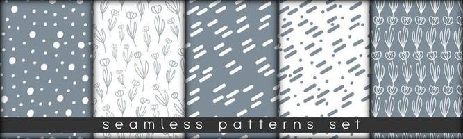 set of combinable seamless patterns. botanical floral hand drawn lineart elements dots spots, ultimate gray and white. design for packaging wrapping fabric textile vector