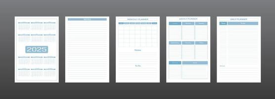 2025 calendar daily weekly monthly personal planner diary template in strict minimalist urban style gray blue color. individual schedule Week starts on sunday vector