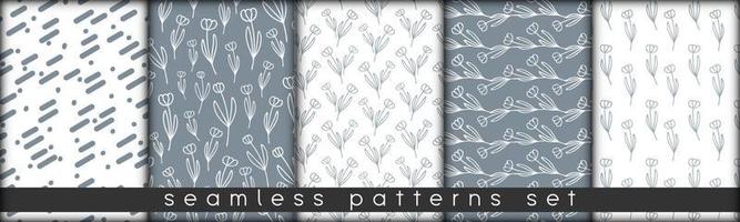 set of combinable seamless patterns. botanical floral hand drawn lineart elements dots spots, ultimate gray and white. design for packaging wrapping fabric textile vector