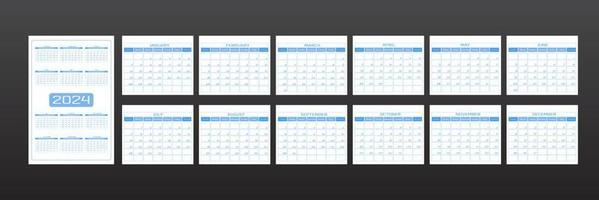 2024 calendar in minimalistic urban trendy style. set of 12 months template daily planner to-do list for every day. rounded streamlined shape, delicate light  blue color. week starts on Sunday. vector
