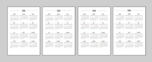 2022 2023 2024 2025 calendar set classic strict minimalist style. Monthly calendar minimalism design vector