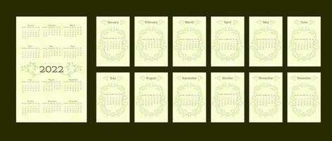 2022 calendar in delicate natural trendy style decorated with botanical hand drawn branch leaves. set of 12 separated months. vertical format. light pastel green color. week starts on Sunday. vector