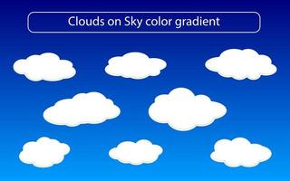 Conjunto de forma de nube plana simple creado sobre fondo degradado de color cielo, ilustración de vector de nube simple dibujada a mano.