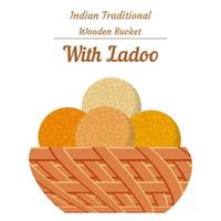 laddu en canasta de madera, laddu con ilustración de vector de canasta de madera creado sobre fondo blanco.