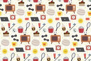 Seamless repeating pattern with cozy household items. Morning and evening routine. Vector illustration.