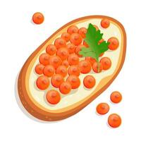 Red Caviar Sandwich with a Parsley leaf. Vector Illustration isolated on white background. Healthy breakfast food. Red caviar on a piece of bread with butter