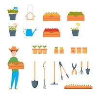 Vector illustration of garden tools. Gardener in a fashionable flat style.