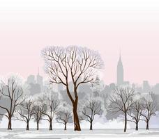 Christmas Winter Cityscape with luminous street lantern, snowflakes and trees. Old street light in city park snow alley. vector