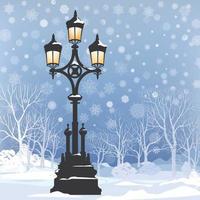 Winter city garden snowfall landscape. Park alley in snow with street light. Snowy city street skyline. Christmas holiday nature background. vector