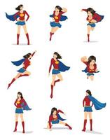 conjunto de personajes de superhéroes femeninos en 9 poses diferentes vector