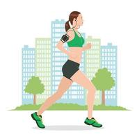 Ilustración de una mujer corriendo con el fondo de la ciudad vector