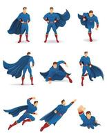 personaje de superhéroe en acción con capa azul y traje azul vector