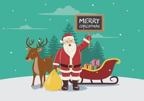 feliz navidad saludo con santa claus, renos y trineo ilustración vector
