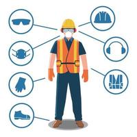 Trabajador de la construcción con equipo de protección personal e iconos de seguridad. vector
