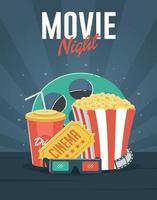 noche de cine con palomitas de maíz, entrada de cine, ilustración de gafas. vector