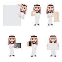 Set of Arabian Man Character in 6 Different Presentation Poses Holding Blank Copy Space Whiteboard vector