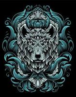 ilustración, cabeza de lobo, con, vendimia, grabado, ornamento vector