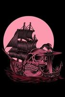 Ilustración calavera pirata con barco