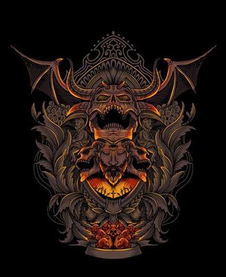 illustration scary burn skull with engraving ornament style