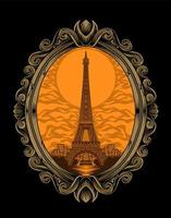 Ilustración del edificio de la torre Eiffel con adornos de grabado vintage vector