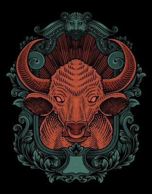 illustration vintage bull with engraving style