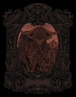 illustration vintage bull with engraving style vector