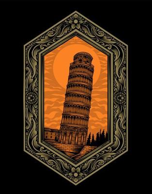 Illustration Tower of pisa with vintage engraving ornament