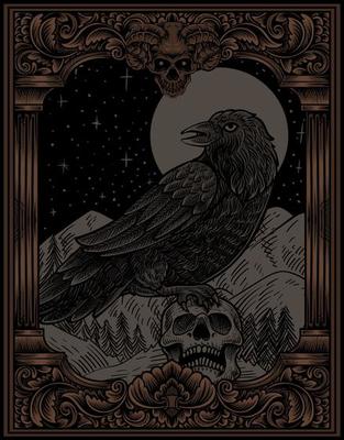 illustration vintage scary crow with engraving style