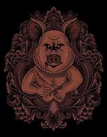 illustration vintage psychopath pig with engraving style vector