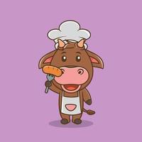 Cute mascot cow chef holding a fork vector