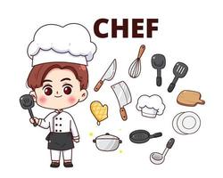Chef equipment kitchen restaurant cook character concept cartoon hand drawn cartoon art illustration vector