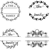 Marco de monograma familiar con ilustración de vector de decoración floral, monograma de insignia de emblema con espacio en blanco para familia, saludo y boda