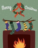 Christmas socks and a wreath hang over the fireplace with a bonfire. Christmas and Happy New Year. Poster, playbill, postcard. Vector vintage illustration in flat style