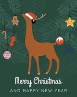 A cute cartoon deer in a red hat stands among the Christmas trees on which New Year's toys hang. Vector flat illustration. Poster, postcard, congratulations Merry Christmas.