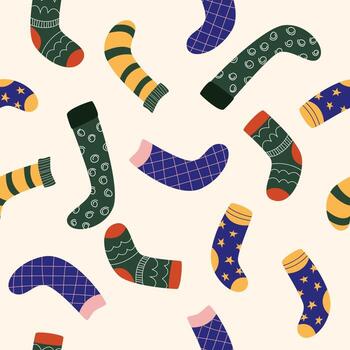 Seamless pattern with different designs of socks on a beige background. Vector illustration flat for wrapping paper or print.