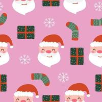 Seamless pattern with Santa Claus face, gift and sock on a pink background. Vector flat illustration in vintage style. Merry Christmas and Happy New Year.