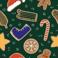 Seamless pattern with New Year's design of cookies in the form of a hat, sled, lollipop on a green background. Vector illustration flat for wrapping paper or print.