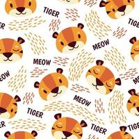 Seamless pattern with cute cartoon tiger and abstract design. Vector flat illustration. Background, wallpaper, textile print, clothing