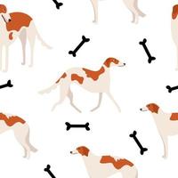patrón sin fisuras con galgo ruso o raza de perro borzoi. diseño de tela con perros de dibujos animados. ilustración vectorial de un piso para mascotas