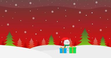 Snow with a red background as the sky and a snowman with a few gifts vector