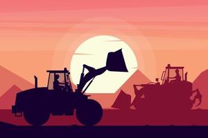 operators working with heavy machinery of track loader and front loader with a sunset in the background vector