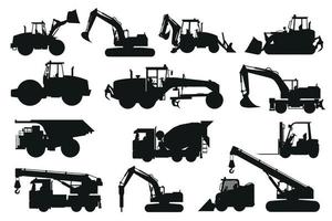 Set of heavy machinery silhouettes of concrete mixer truck, backhoe and bulldozer for construction and mines vector