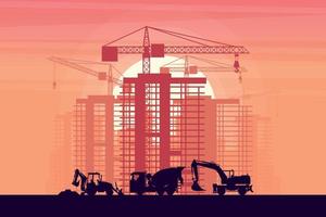 Heavy machinery of wheel excavators, backhoes and concrete trucks with buildings under construction and sunset background vector