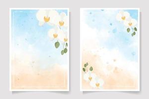 white Phalaenopsis orchid on blue  sand beach watercolor splash wedding invitation background collection vector