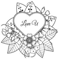 Mehndi flower with frame in shape of heart. decoration in ethnic oriental, doodle ornament. vector