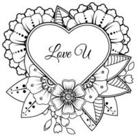 Mehndi flower with frame in shape of heart. decoration in ethnic oriental, doodle ornament. vector