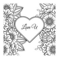 Mehndi flower with frame in shape of heart. decoration in ethnic oriental, doodle ornament. vector